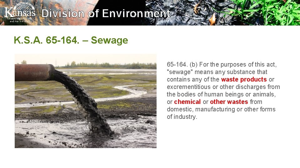 Division of Environment K. S. A. 65 -164. – Sewage 65 -164. (b) For