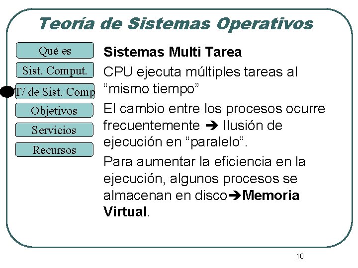 Teoría de Sistemas Operativos Sistemas Multi Tarea Sist. Comput. CPU ejecuta múltiples tareas al