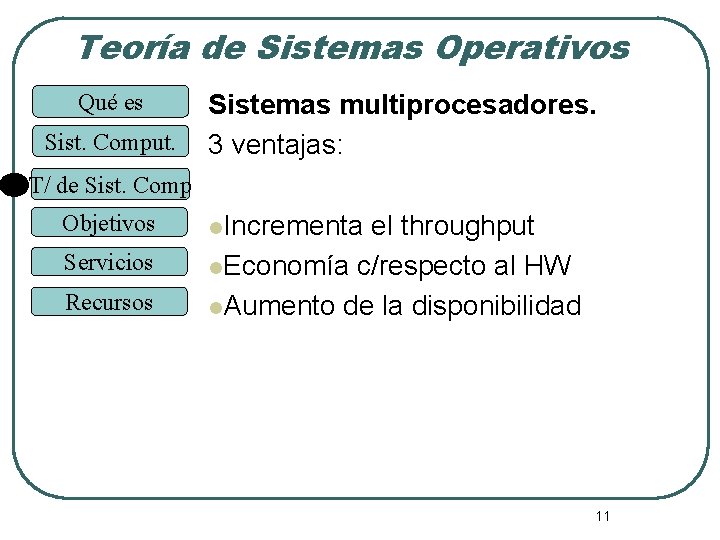 Teoría de Sistemas Operativos Qué es Sist. Comput. Sistemas multiprocesadores. 3 ventajas: T/ de