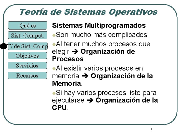 Teoría de Sistemas Operativos Sistemas Multiprogramados Sist. Comput. l. Son mucho más complicados. T/