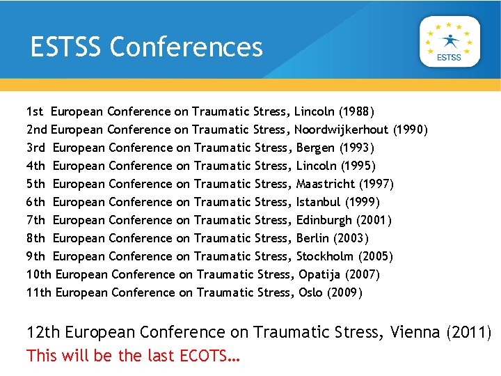 ESTSS Conferences 1 st European Conference on Traumatic Stress, Lincoln (1988) 2 nd European