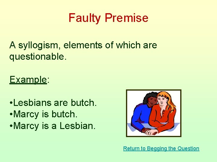 Faulty Premise A syllogism, elements of which are questionable. Example: • Lesbians are butch.