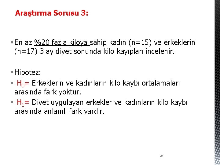 Araştırma Sorusu 3: § En az %20 fazla kiloya sahip kadın (n=15) ve erkeklerin