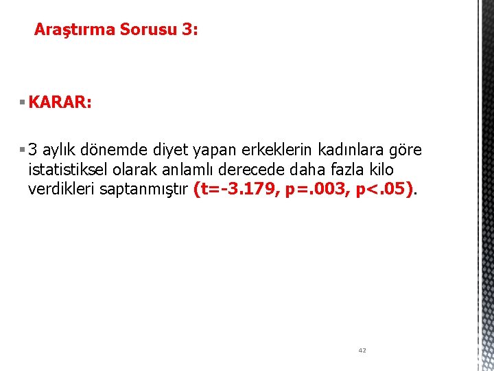 Araştırma Sorusu 3: § KARAR: § 3 aylık dönemde diyet yapan erkeklerin kadınlara göre