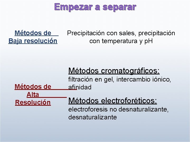 Empezar a separar Métodos de Baja resolución Precipitación con sales, precipitación con temperatura y