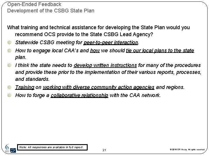 Open-Ended Feedback Development of the CSBG State Plan What training and technical assistance for