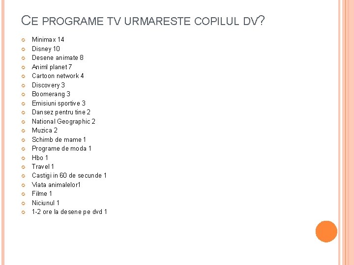 CE PROGRAME TV URMARESTE COPILUL DV? Minimax 14 Disney 10 Desene animate 8 Animl