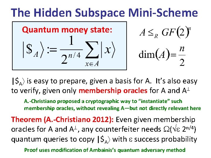 The Hidden Subspace Mini-Scheme Quantum money state: |$A is easy to prepare, given a