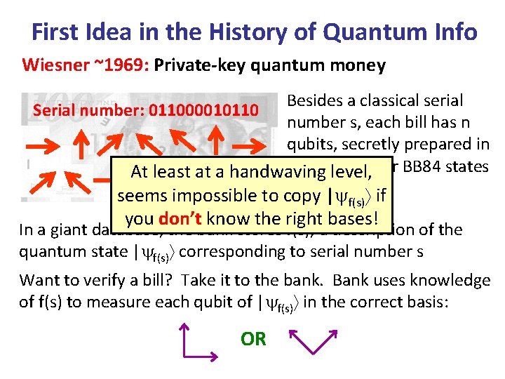 First Idea in the History of Quantum Info Wiesner ~1969: Private-key quantum money Besides