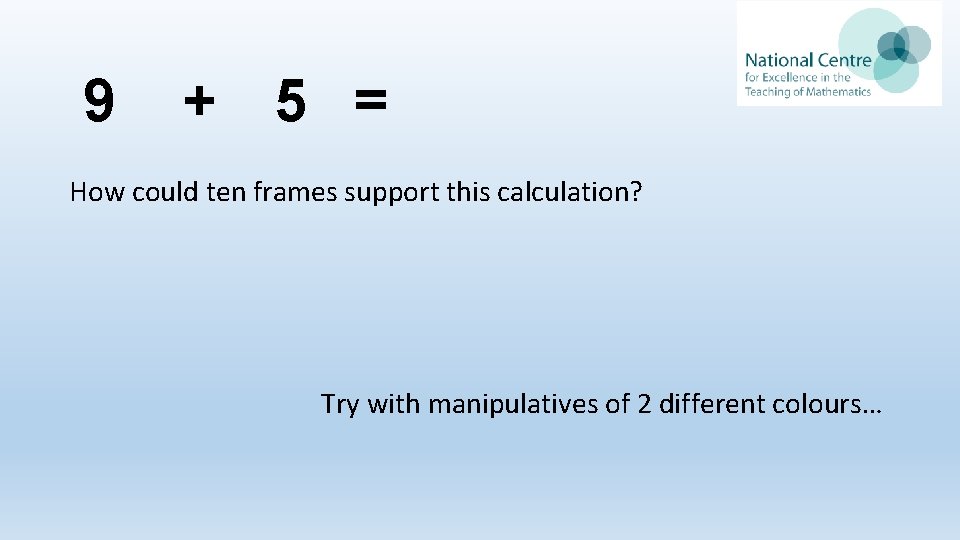 9 + 5 = How could ten frames support this calculation? Try with manipulatives