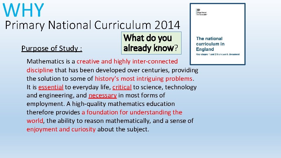 WHY Primary National Curriculum 2014 Purpose of Study : What do you already know?