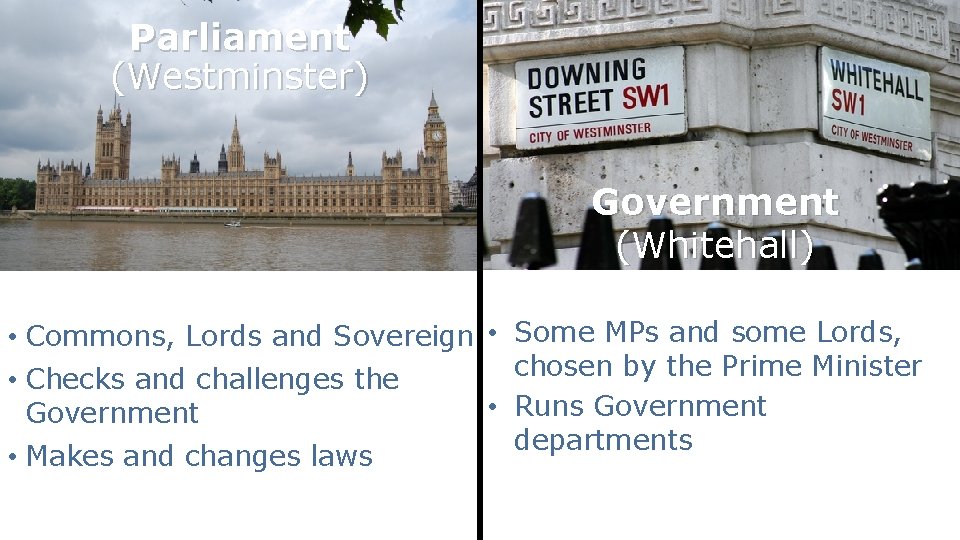 Parliament (Westminster) Government (Whitehall) • Commons, Lords and Sovereign • Some MPs and some