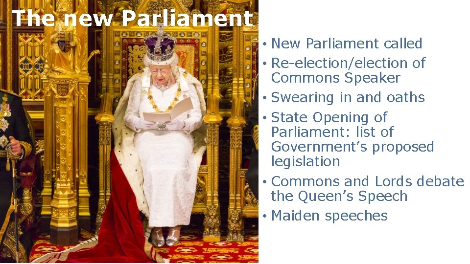 The new Parliament • New Parliament called • Re-election/election of Commons Speaker • Swearing