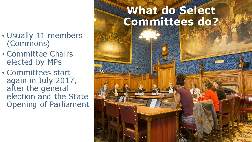 What do Select Committees do? • Usually 11 members (Commons) • Committee Chairs elected