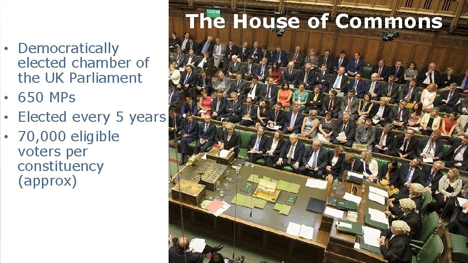 The House of Commons • Democratically elected chamber of the UK Parliament • 650