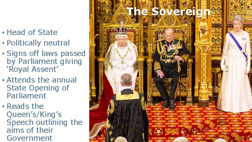The Sovereign • Head of State The Queen • Politically neutral • Signs off