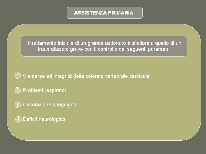 ASSISTENZA PRIMARIA Il trattamento iniziale di un grande ustionato è similare a quello di