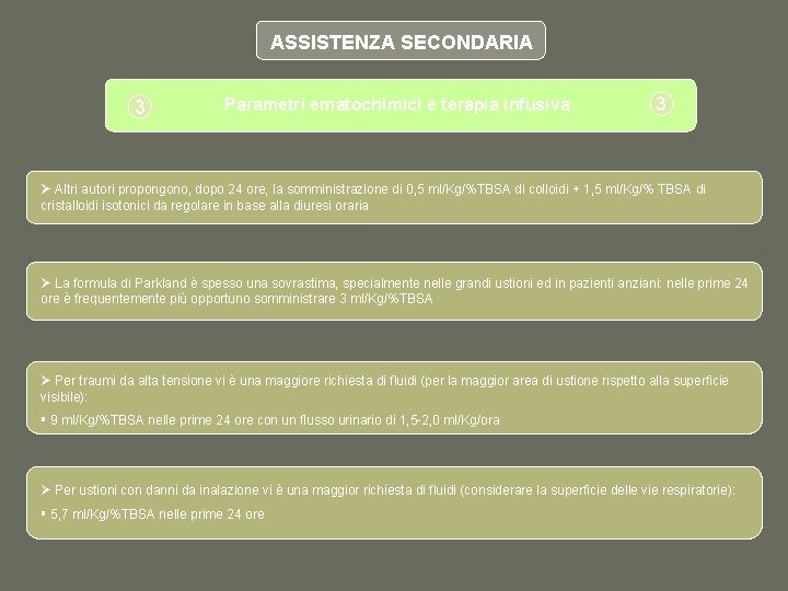 ASSISTENZA SECONDARIA 3 Parametri ematochimici e terapia infusiva 3 Ø Altri autori propongono, dopo