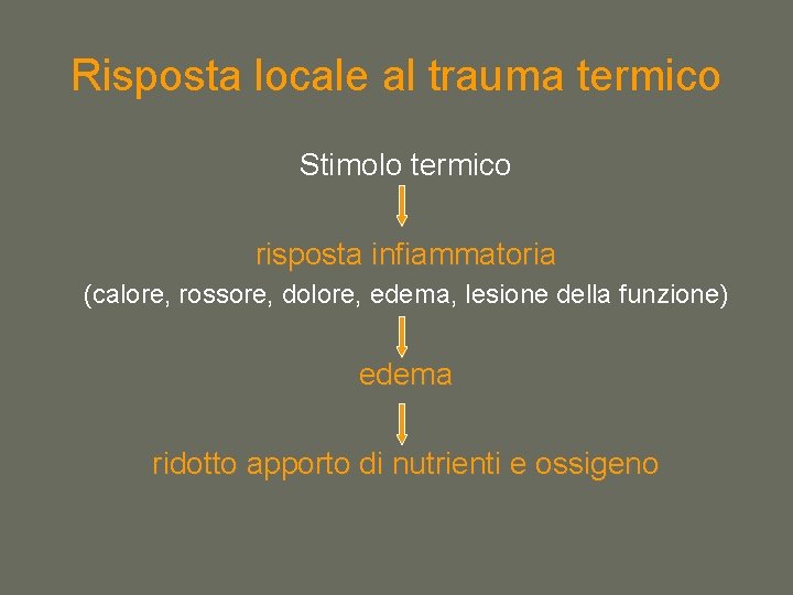 Risposta locale al trauma termico Stimolo termico risposta infiammatoria (calore, rossore, dolore, edema, lesione