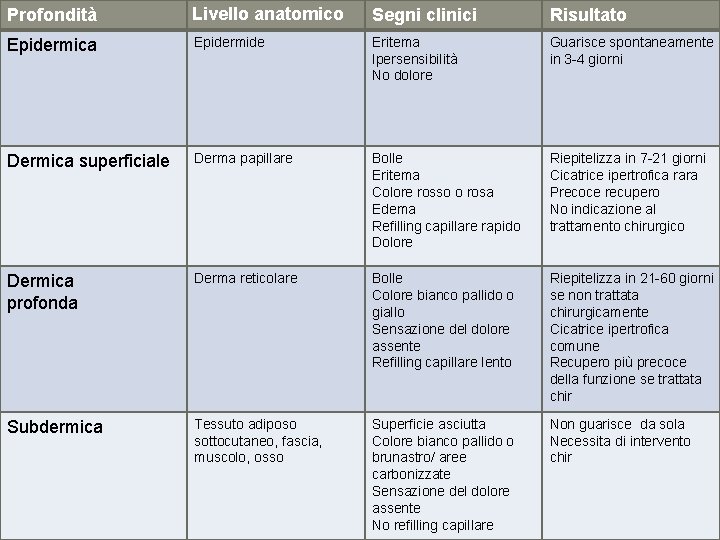 Profondità Livello anatomico Segni clinici Risultato Epidermica Epidermide Erythema Eritema Pain. Ipersensibilità Tenderness Rapidly