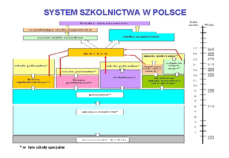 SYSTEM SZKOLNICTWA W POLSCE * w tym szkoły specjalne 