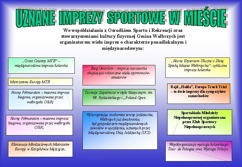 We współdziałaniu z Ośrodkiem Sportu i Rekreacji oraz stowarzyszeniami kultury fizycznej Gmina Wałbrzych jest