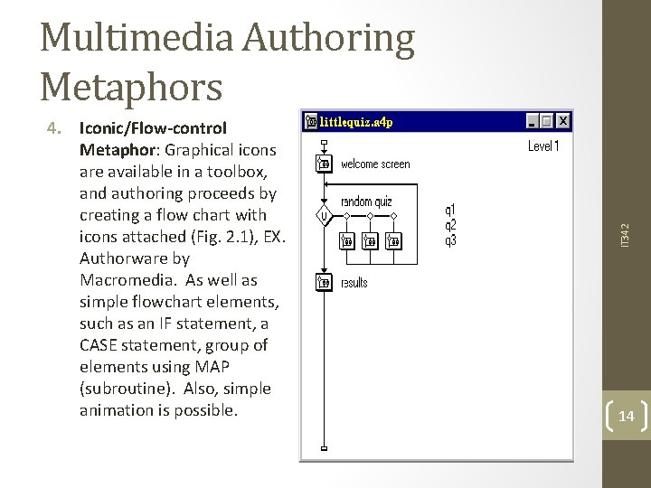 4. Iconic/Flow-control Metaphor: Graphical icons are available in a toolbox, and authoring proceeds by