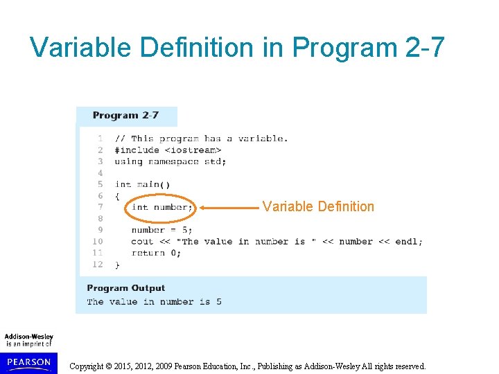 Variable Definition in Program 2 -7 Variable Definition Copyright © 2015, 2012, 2009 Pearson