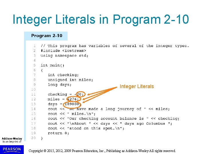 Integer Literals in Program 2 -10 Integer Literals Copyright © 2015, 2012, 2009 Pearson