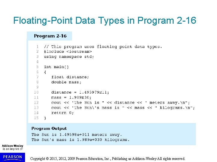 Floating-Point Data Types in Program 2 -16 Copyright © 2015, 2012, 2009 Pearson Education,
