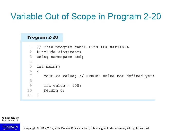 Variable Out of Scope in Program 2 -20 Copyright © 2015, 2012, 2009 Pearson