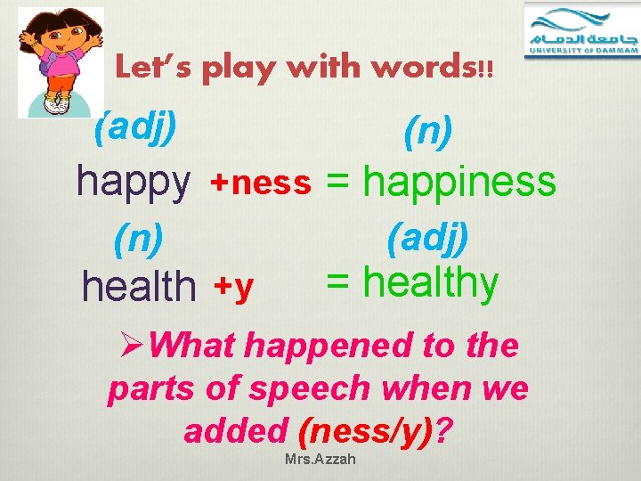 Let’s play with words!! (adj) (n) happy +ness = happiness (n) health +y (adj)