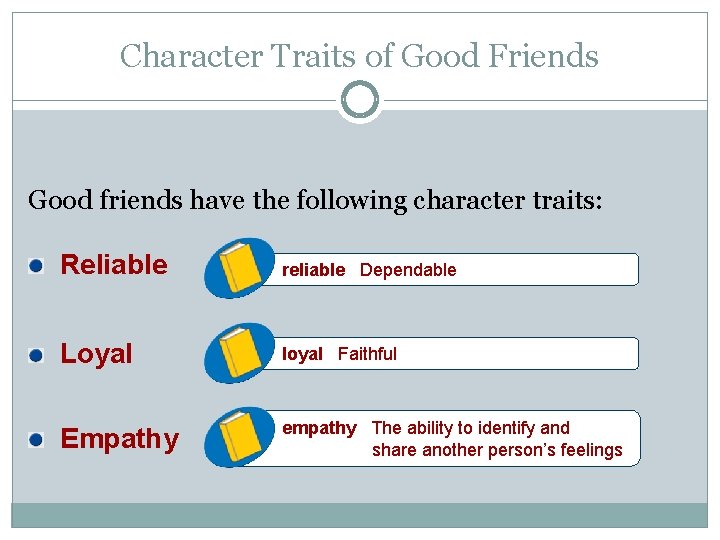 Character Traits of Good Friends Good friends have the following character traits: Reliable reliable