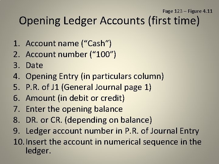 Page 123 – Figure 4. 11 Opening Ledger Accounts (first time) 1. Account name