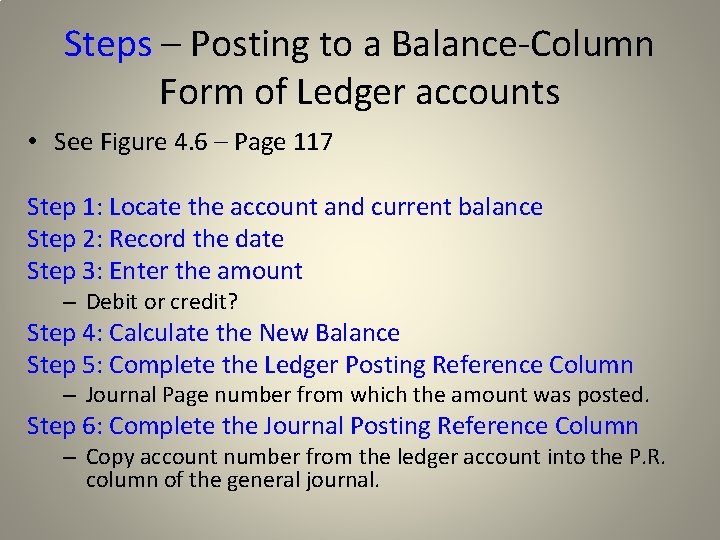 Steps – Posting to a Balance-Column Form of Ledger accounts • See Figure 4.