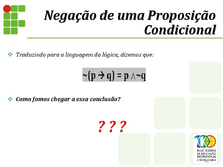 Negação de uma Proposição Condicional v Traduzindo para a linguagem da lógica, dizemos que: Negação de uma Proposição Condicional v Traduzindo para a linguagem da lógica, dizemos que: