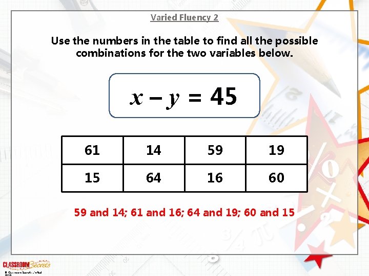 Varied Fluency 2 Use the numbers in the table to find all the possible