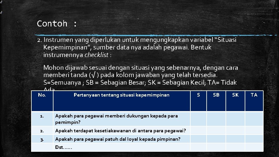 Contoh : 2. Instrumen yang diperlukan untuk mengungkapkan variabel “Situasi Kepemimpinan”, sumber data nya