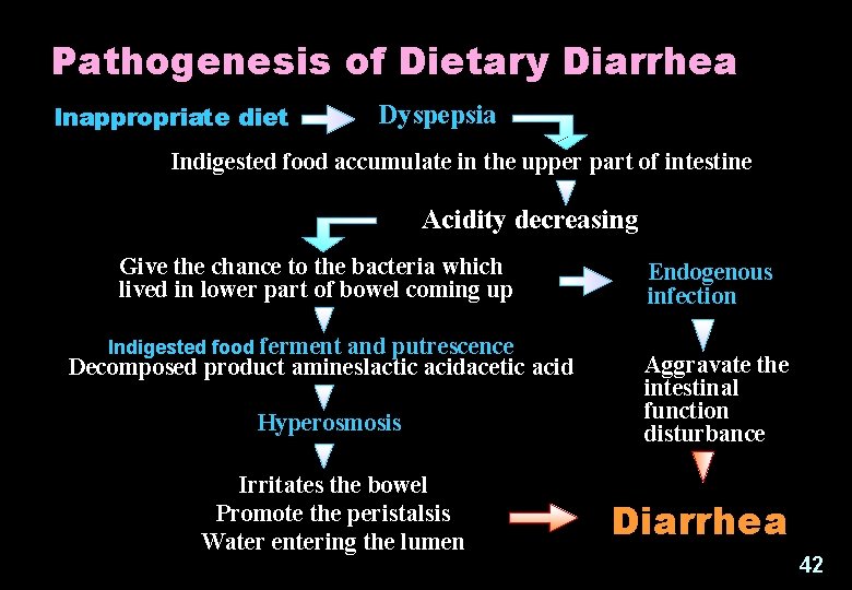 Pathogenesis of Dietary Diarrhea Inappropriate diet Dyspepsia Indigested food accumulate in the upper part