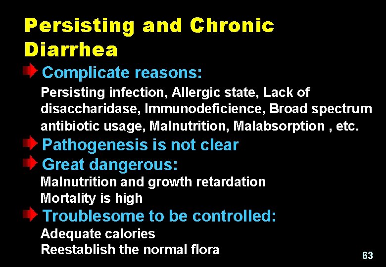 Persisting and Chronic Diarrhea Complicate reasons: Persisting infection, Allergic state, Lack of disaccharidase, Immunodeficience,