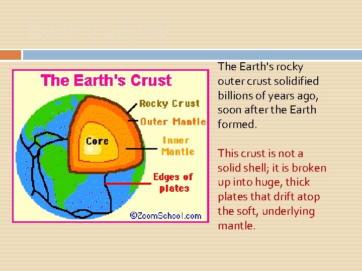 Earth’s Layers The Earth's rocky outer crust solidified billions of years ago, soon after