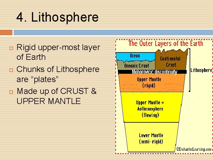 4. Lithosphere Rigid upper-most layer of Earth Chunks of Lithosphere are “plates” Made up