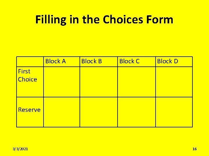 Filling in the Choices Form First Choice Block A Reserve 3/3/2021 Block B Block