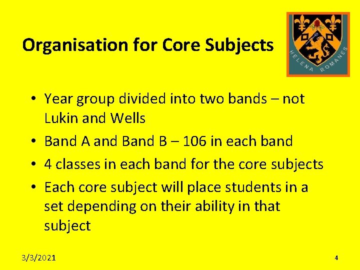 Organisation for Core Subjects • Year group divided into two bands – not Lukin