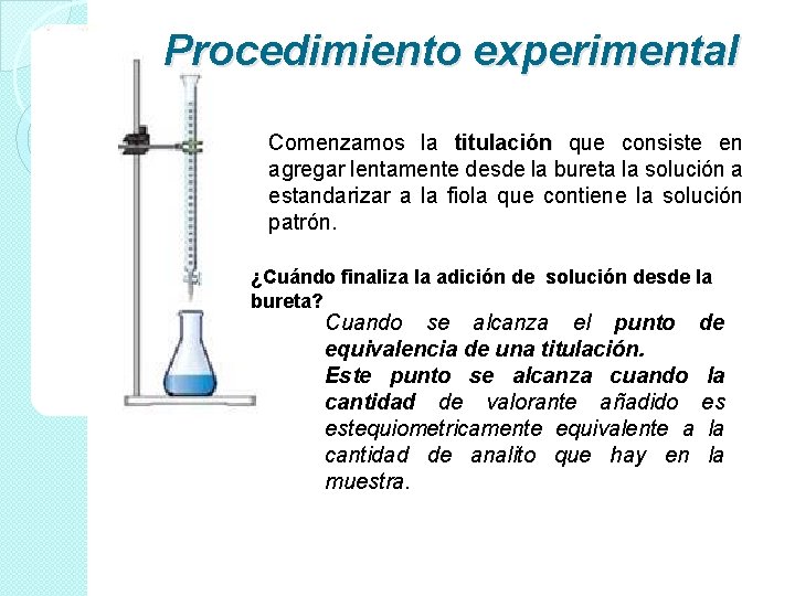 Procedimiento experimental Comenzamos la titulación que consiste en agregar lentamente desde la bureta la Procedimiento experimental Comenzamos la titulación que consiste en agregar lentamente desde la bureta la