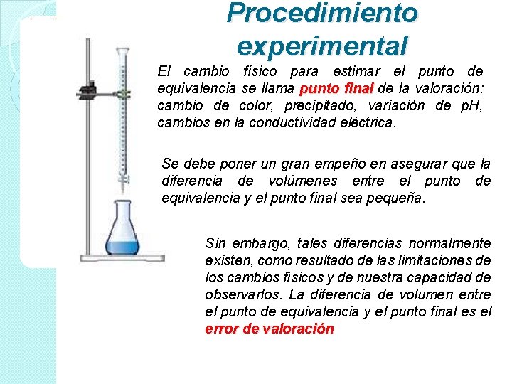 Procedimiento experimental El cambio físico para estimar el punto de equivalencia se llama punto Procedimiento experimental El cambio físico para estimar el punto de equivalencia se llama punto