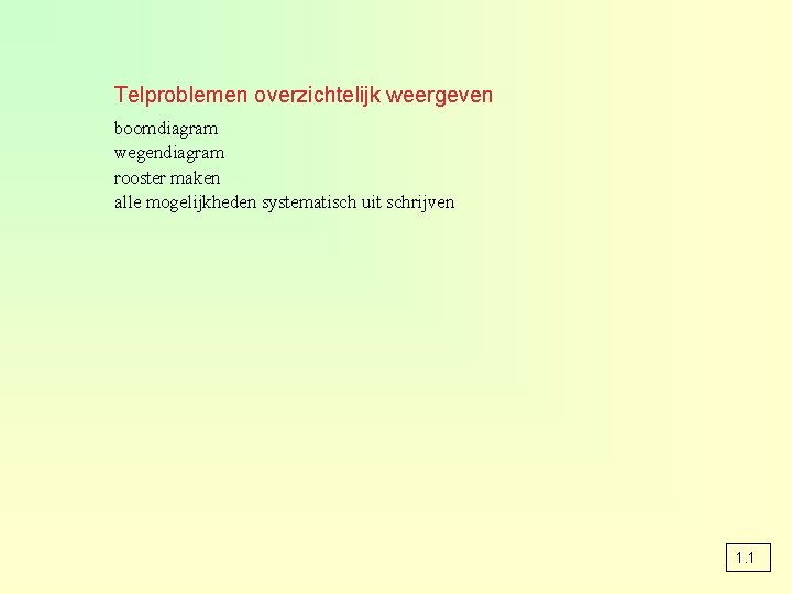 Telproblemen overzichtelijk weergeven boomdiagram wegendiagram rooster maken alle mogelijkheden systematisch uit schrijven 1. 1