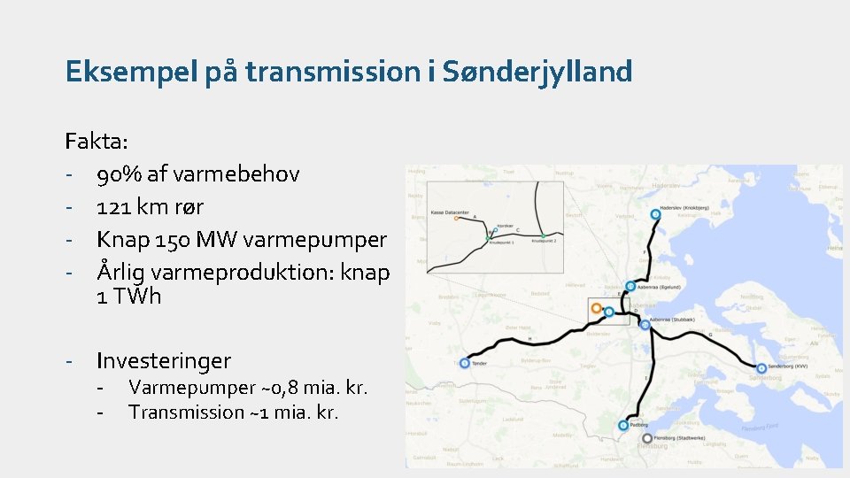 Eksempel på transmission i Sønderjylland Fakta: - 90% af varmebehov - 121 km rør