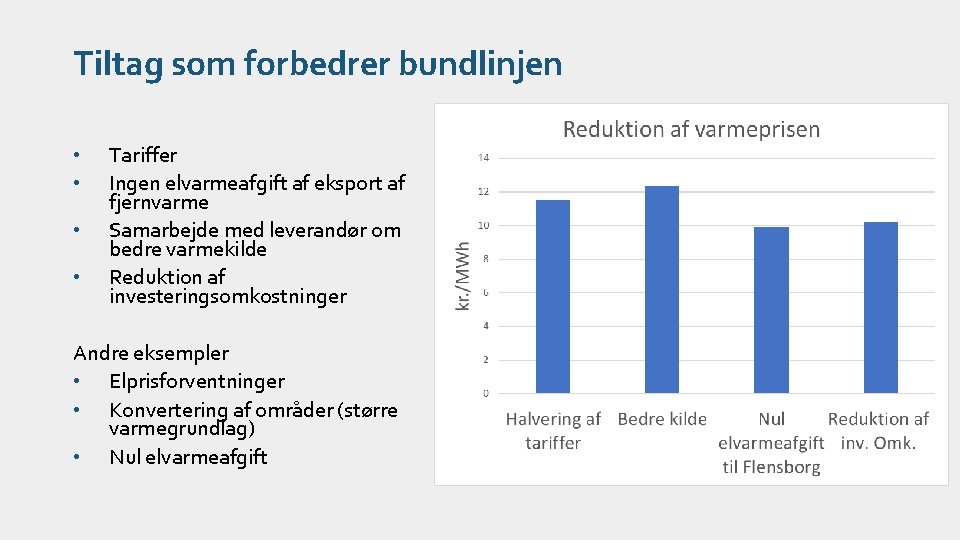 Tiltag som forbedrer bundlinjen • • Tariffer Ingen elvarmeafgift af eksport af fjernvarme Samarbejde