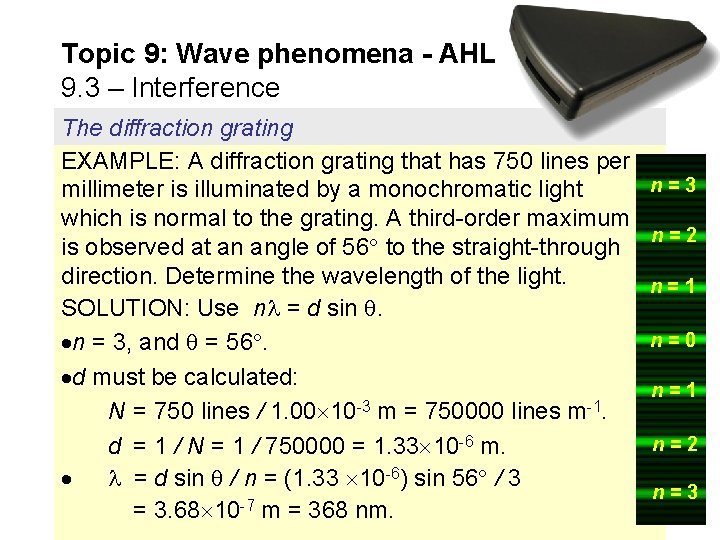 Topic 9: Wave phenomena - AHL 9. 3 – Interference The diffraction grating EXAMPLE:
